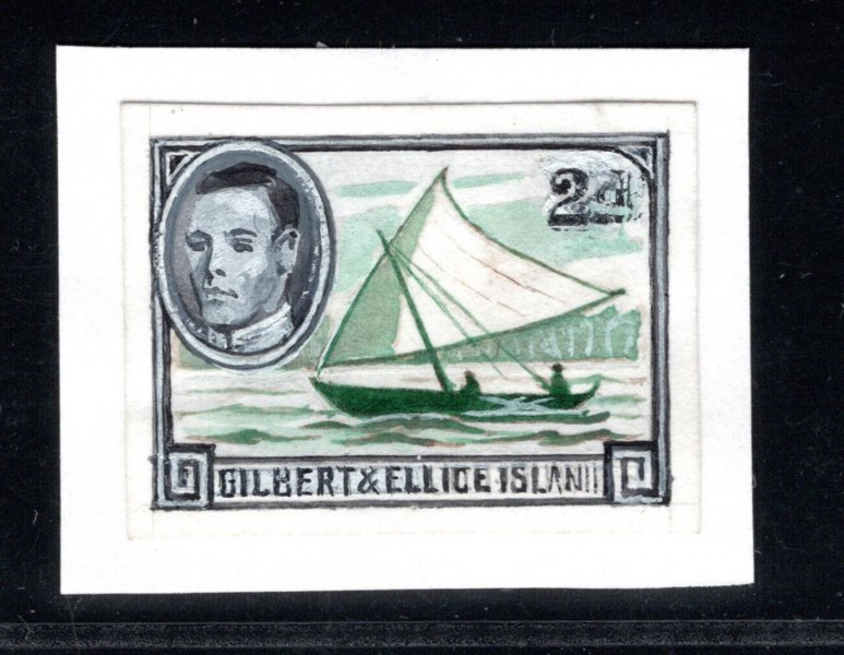 Gilbert and Ellice Islands 1939, essay/grafický návrh pro SG 53, Loď Gilbert Islands Canoe 2 Sh 6 p, definitivní design lodi, odlišný portrét Jiřího VI. a nominál 2 p, ruční malba na bílém kartónu známkového formátu, UNIKÁT z archivu autora této emise L. D. Freyera