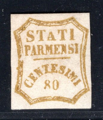 Itálie, Parma 1859, Sassone 18f, Governo Provvisorio 80 c "bistro oliva", bezvadný kus s atestem Colla, zk. Diena, kat. pro (*) 6000 EUR, vzácná známka v minimálním nákladu