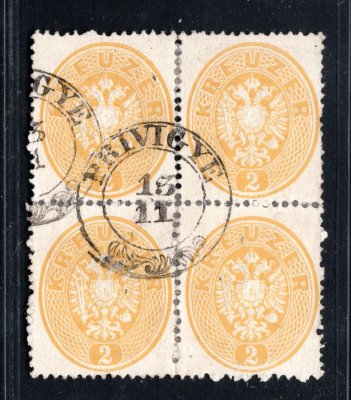 Rakousko 1863, Ferch. 24, Znak 2 kr ve 4bloku s raz. PRIVIGYE (Prievidza), bezvadný a vzácný celek, atest Diena, kat. 3.000 EUR