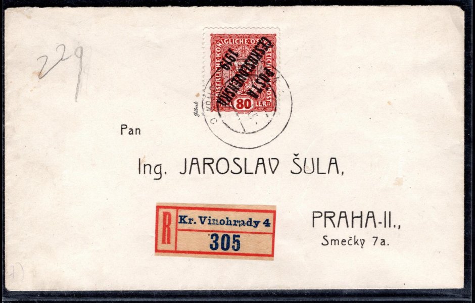 R dopis vyplacený 45 PP, Znak 80 h s převráceným přetiskem, správně vyplacená zásilka pro druhý váhový stupeň (25 + 50 + 5 h), razítko KRÁLOVSKÉ VINOHRADY 4 (17. 1. 20) 