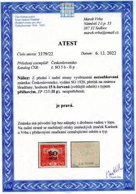 SO5b, PT, 15 h červená, příčkový typ,  ZP 12/I. TD, zk. Karásek, Vrba a atest Vrba, s originálním lepem (drobná vada lepu), vzácná, velmi zřídka se vyskytující známka, navíc v perfektní kvalitě, poprvé v aukci