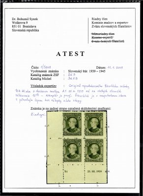 26 B, Andrej Hlinka 10 h olivová, ŘZ 10 1/2, levý dolní rohový 4blok s DZ A1 a datem 25. III. 1939, originální lep bez nálepky, skvrnka, bez zkušebních značek, atest Synek, velmi vzácné, mimořádná nabídka, v této podobě možná unikát