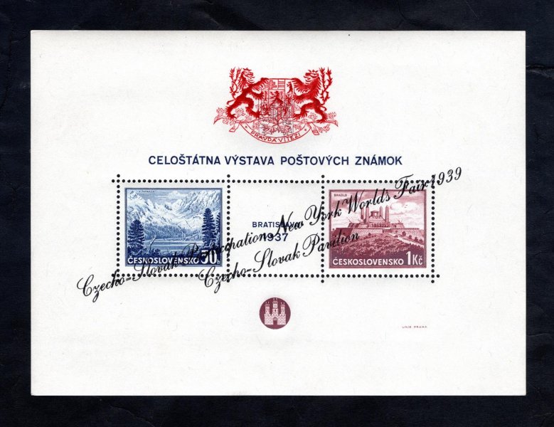 AS 3b, Aršík Bratislava 1937 (A 329-30), s přítiskem pro výstavu NY 1939, přítisk černý šikmý, znak červený, chybotisk, vzácné
