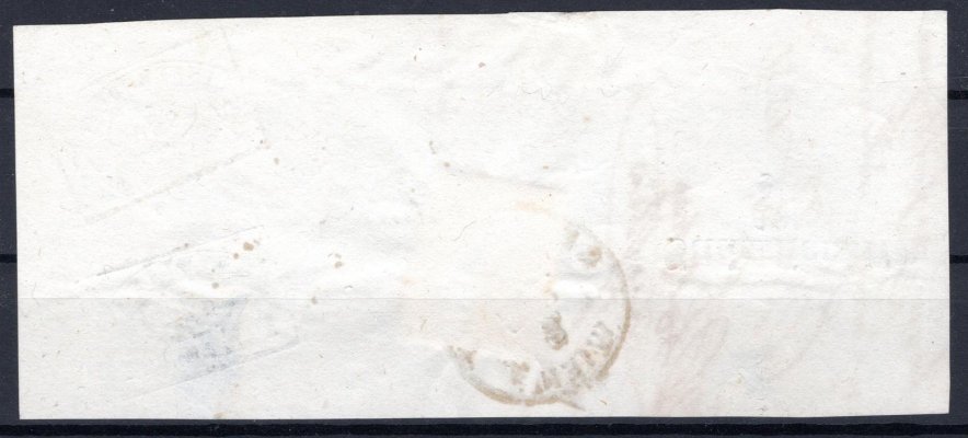Rakousko - část zadní části R skládaného dopisu se známkou Mi. 4, hnědá 6 Kr, DV - bílý fleck nad písmenem " E ", razítko WIEN-RECOMANDIERT, datumový údaj převrácený, 3/SEP/1851, praporcová tranzitní razítka INZERSDORF 1. SEP a GRINZINC 3. SEP, zajímavé, ex Mynář