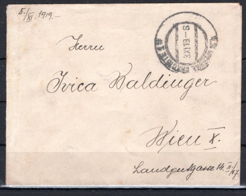 Dopis frankovaný na zadní straně hodnotou 25 h hnědá, frankatura přesně dle platného tarifu, razítko UHERSKÉ HRADIŠTĚ 1 s datem 3. XI. 1919 - poslední den platnosti - malá formát dopisu 
