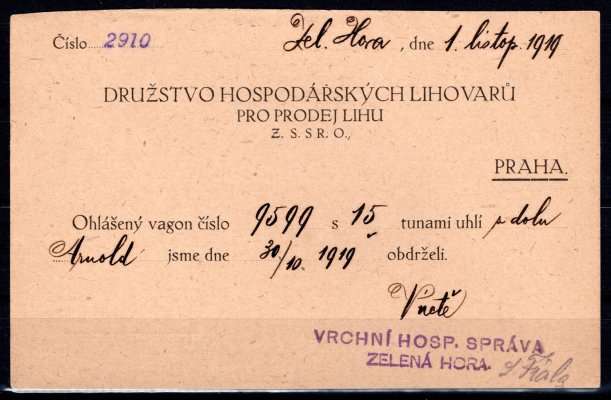 legionářské celistvosti, předtištěný korespondenční lístek vyfrankovaný legionářskou známkou hodnoty 15 h zelená, adresováno v tuzemsku, odesláno dle platného tarifu, razítko NEPOMUK s datem 3. XI. 1919