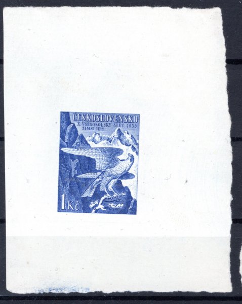 332 Zimní sokolské hry, otisk rytiny na kousku papíru v barvě modré, zk. Vrba
