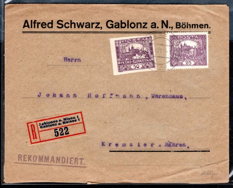 R dopis z Jablonce do Kremsieru, s frankaturou Hradčenských známek 25 + 50 h, lehké stopy poštovního provozu