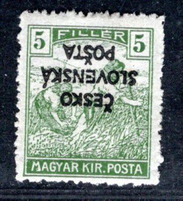 RV 140 Pp, Šrobárův přetisk převrácený, ženci, zelená 5 f, zk. Gi, Vrba 