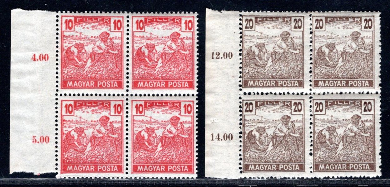 105a + 107a  Magya 4 - bloky krajové s počítadly  ;10 F + 20 Filler Magyar posta Madarské - předběžná známka  pro Pč 1919 ( Pofis 105 a + 107 a) 