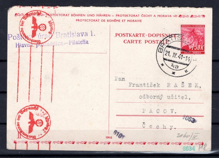 CDV 13 II, použitá na Slovensku !, podací Bratislava 1, 21/IV/41, adresovaná do Pacova, něměcká cenzura, zajímavé