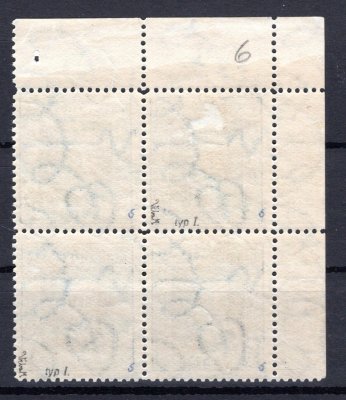 191 B, P 6, typ I, TGM, levý horní rohový 4 blok, 1 zn. dvl, modrá 2 Kč, zk. Vr