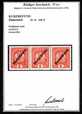 230 IV, svěží třípáska, koruna 6 h oranžová s přetiskem "Deutschöstereich", u prostřední známky DV - ü místo ö, malý atest Soecknik, kat. 130 Eu, (VRÁSA VE SCANERU, ZNÁMKY V POŘÁDKU)