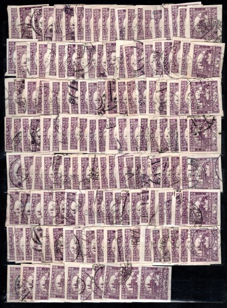 15 + 16, sestava hradčanských známek , na 2 stranách formátu A 4, 50 h fialová a 50 h modrá, razítka , odstíny, cca 150 + 150 ks, vhodné třeba jako základ k sestavovaní desek