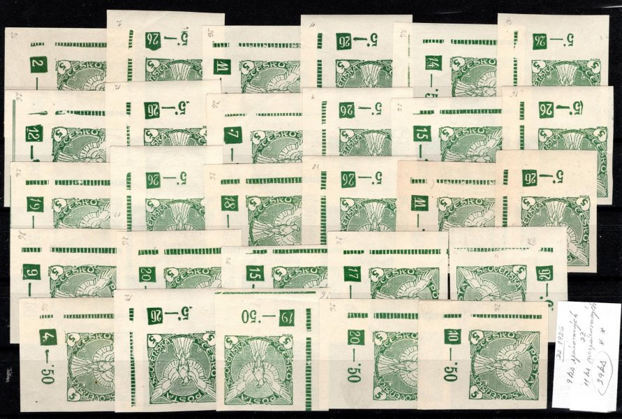 NV 2, novinové, Sokol v letu, zelená 5 h, rohové, známky s DZ, rok 1928 ex, vše spárováno - 40 ks,  zajímavé a hledané