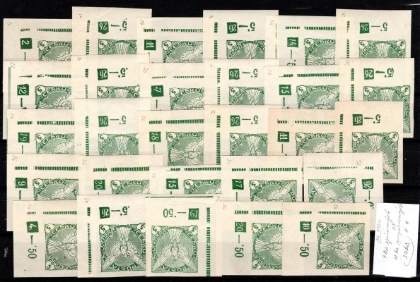 NV 2, novinové, Sokol v letu, zelená 5 h, rohové, známky s DZ, rok 1926 ex, 9 ks  spárováno - 11 ks nespárováno,  zajímavé a hledané