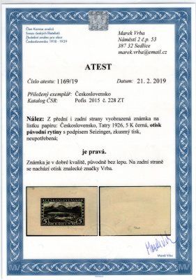 228 Rytina , Praha - Tatry 1926, 5 Koruny, otisk rytiny s podpisem Seizinger na kousku papíu v barvě černé, zkoušeno  a atest Vrba, vzácné a hledané ! 