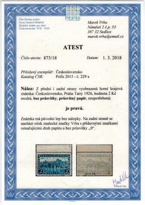 229 x, papír průsvitný, krajová 2 Kč modrá, zk. a atest Vrba, velmi vzácná a hledaná známka