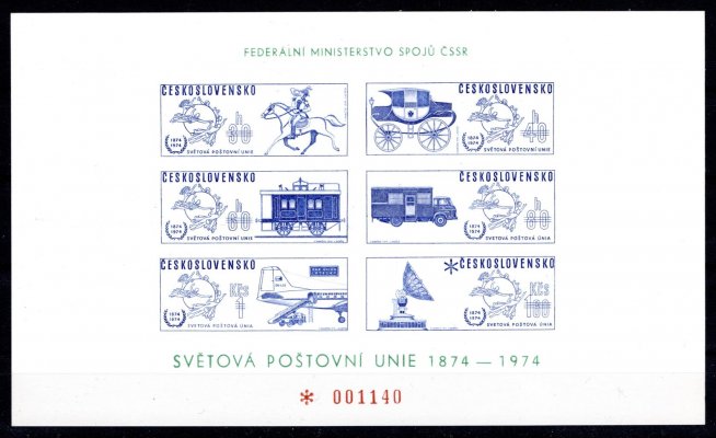 VT 5 a) 1974 ; Světová Poštovní Unie  - číslovaný s číslem 1140   - kat. cena 1900 Kč 