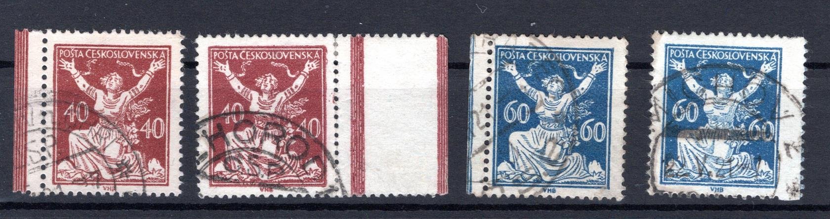 154 LH + 157 LH; Osvobozená republika, 40h a 60h 4 x Ležmý hřeben, hledané krajové kusy s otisky lišt 