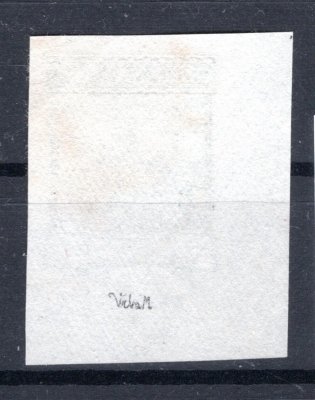 Otisk rytiny na kousku papíru (Seizinger) s vyobrazením  Hradčan a s prázdnými hodnotovými štítky v barvě zelené , tento návrh nebyl použit k vydání známek Hradčan rohový kus ( obdodný kus bez podpisu rytce byl v naší únorové aukci prodán ( 18 000)  - velmi vzácný cýskyt - zkoušeno Vrba 