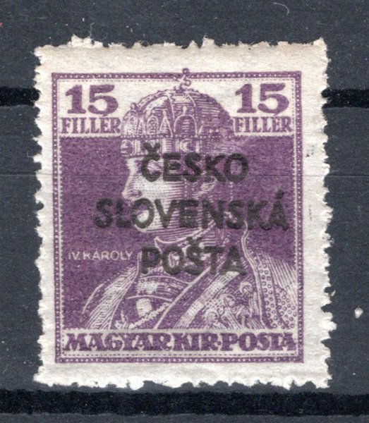 RV, Šrobárův přetisk, nevydaná, II. náklad, fialová 15 f Karel, hledané