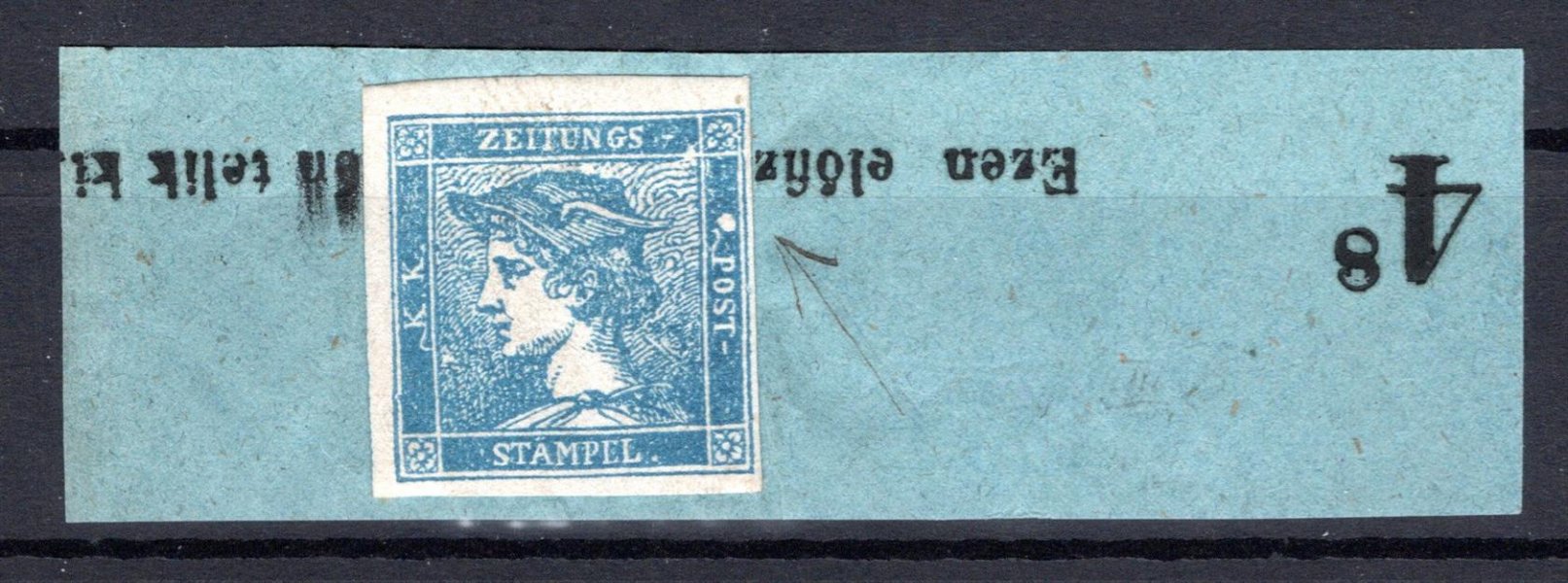 6 modrý merkur na části novinové pásky, , typ IIIa , neražený, výrazná desková vada - bíla skvrna vpravo 