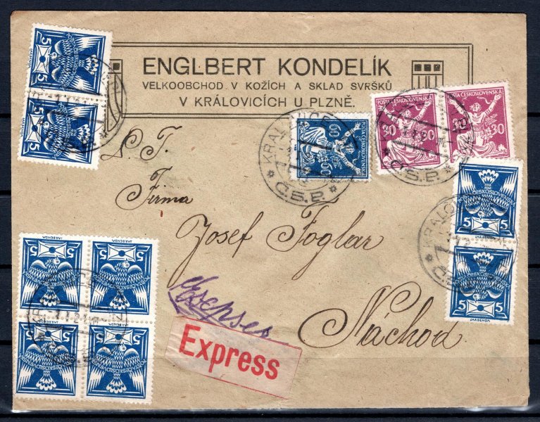 Firemní Ex-dopis, masivní frankatura KRALOVICE U PLZNĚ 1.1.1921, správný tarif dekorativní 