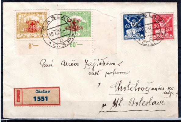 R - dopis ČK 40 H + 60 H s počítadly + 20 h a 60 h OR + 5 h Holubice ( vzadu) ČÁSLAV 10.1.1920, správný tarif 