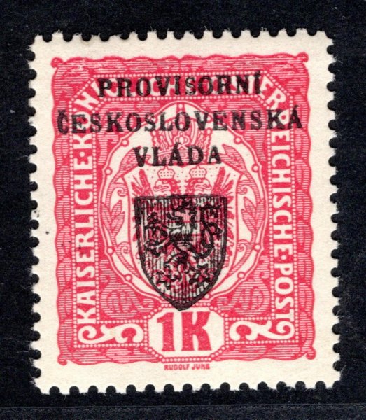 RV 15, I. Pražský přetisk, znak, červená 1 K, zk. Mr
