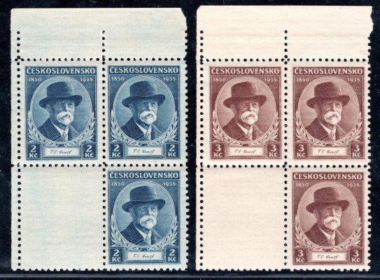 287 - 288 VK ; 2 Kč + 3 Kč - T.G.Masaryk levé horní rohové 4- bloky s jedním kuponem 