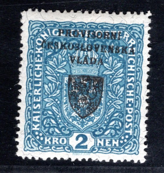 RV 16a, I. Pražský přetisk, znak,  2 koruna žilkovaný papír - široký formát ; zkoušeno Gilbert 