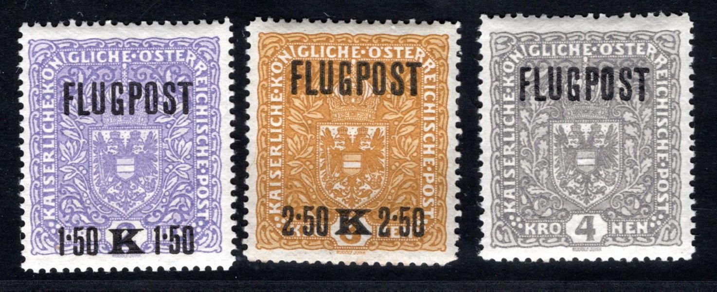 226 - 229,  série Flugpost  + ! sestava stříhaných známek, Porto 5 koruna modrá, 10 H červená koruna + Franz Josef ( 4 ! fota) 