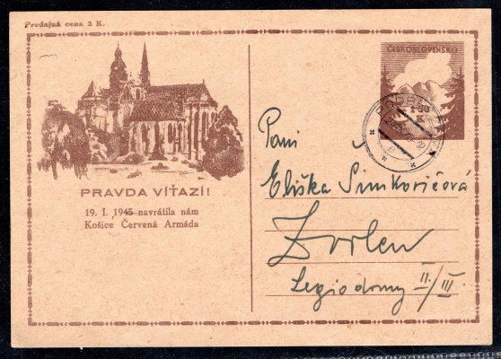 CDV 73 Pa, papír žlutý, správně prošlá, podací razítko Podbrezová, 24/iX/45, adresovaná do Zvolena