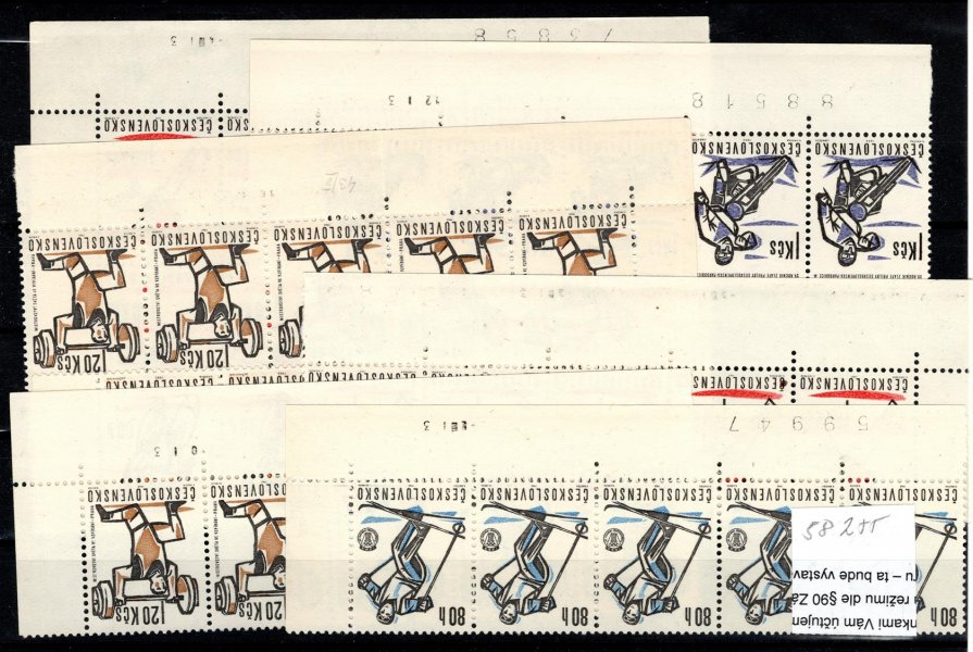 1285 : Sport  1963 ; sestava ; 5 - ti páska s rozpitou barvou, 4 x 5- ti páska s datumem tisku, 10 - blok 1, 20 Kčs s DV 