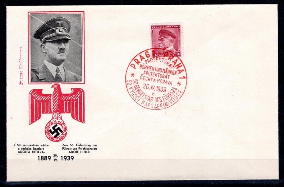 předtištěná obálka k 50. narozeninám vůdce, A. Hitlera se známkou ČR TGM, červená 1 Kč,  a pamětním razítkem, na zadní straně na chlopni stopa po přichycení, hledané