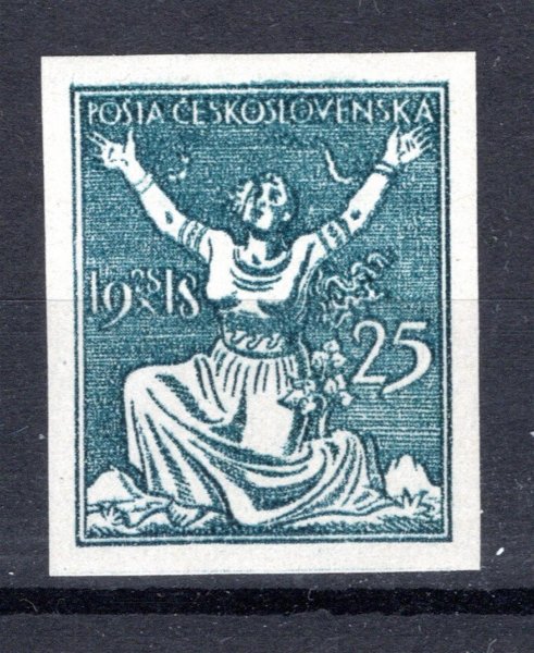 I. návrh, Osvobozená republika  25 h v modré  barvě, letopočet vlevo - větší formát 22,6 + 27,2 mm - Atest Káňa 