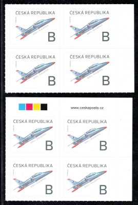 1087 Letadlo Aero B, krajový čtyřblok s výrazným posunem perforace doleva (prochází B hodnoty a "a" republika), k tomu rohový čtyřblok s VV ZP5 červená ryska před B hodnoty dole, velmi vzácné, poprvé v aukci