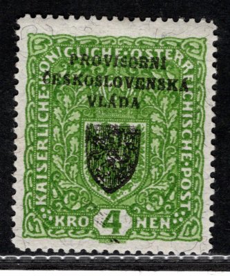 RV 18 a ; 4 koruna žilkovaný papír formát široky 26 mm x 29 mm, Pražský Přetisk I  - náklad II - zkoušeno Mrňák 