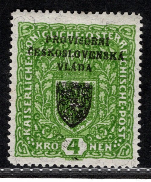 RV 18 a ; 4 koruna žilkovaný papír formát široky 26 mm x 29 mm, Pražský Přetisk I  - náklad II - zkoušeno Mrňák 