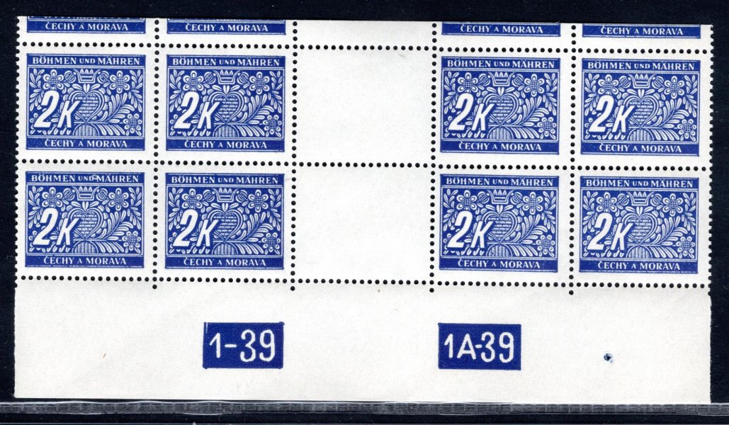 DL 11, doplatní, 4 zn. horní řezané meziarší, DČ 1-39, 1A-39, modrá 2 K , hledané