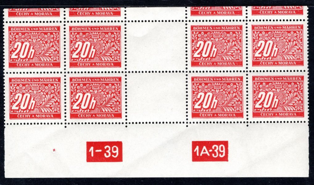 DL 3, doplatní, 4 zn. horní řezané meziarší, DČ 1-39, 1A-39, červená 30 h , hledané