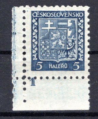 248 x ; 5 h průsvitný papír ; rohový kus s Dč 1 -( povolená perforace, mezi známkou a kuponem) velmi vzácná známka  zk. Pittermann 