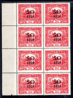 SO 7 B ; krajový 8- blok s levým okrajem a velkou tiskovou skrvnou na jedné známce 