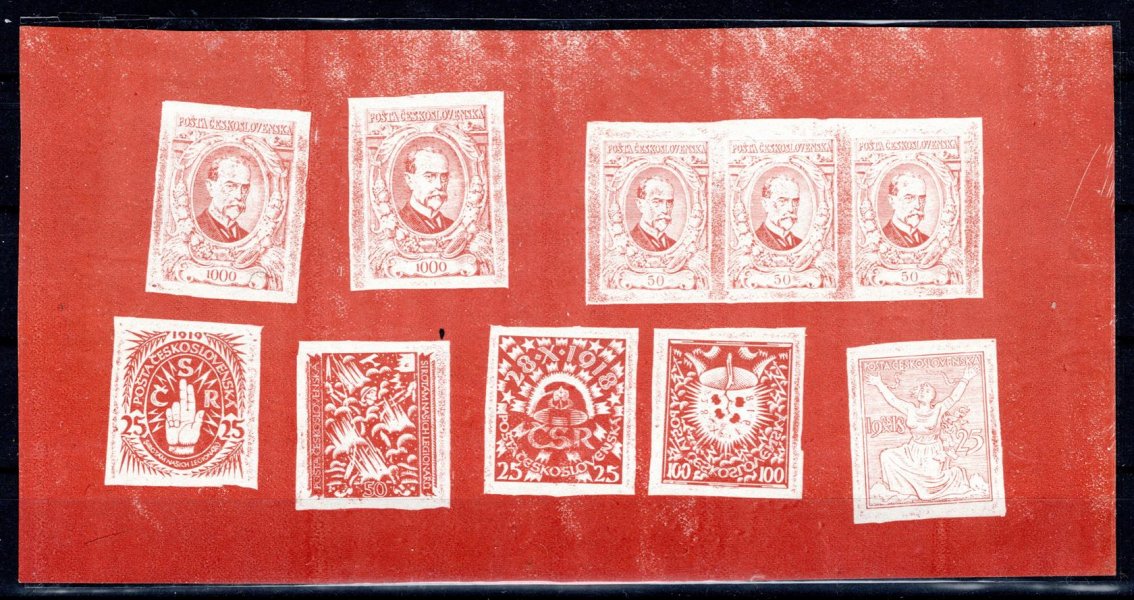 ZT KT, II. soutěž, soutisk 10 otisků známek v barvě červené na známkovém  papíru , řídký výskyt, vzácné