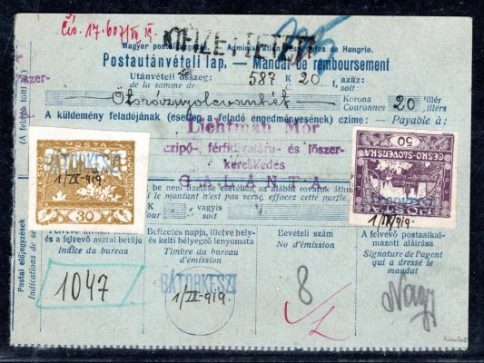 Dobírková maďarská poukázka na 587 korun, 50h a 30 h Hradčany, 3x modré jednořádkové razítko(!) BÁTORKESZI (BÁTOROVÉ KESY) a ručně 1. IX. 919 (), příchozí Galanta 7. SEP 919 a 9. NOV 919, zk. Karásek, výjimečná celistvost