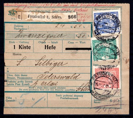 2 kusy ; Doplatní: ? Dobírkové průvodky vypl. 200h (perfor.) + 5+15h Hradčany, FREUDENTHAL in SCHLESIEN 24. 4. 1920, vzadu doplatní 5+10h/ SO 1920 #SO33ca přetisk modročerný + SO34 , vylámané PETŘVALD 28. 4. 1920. + 	Ústřižek průvodky s třípáskou Hradčany 400h se složkou papíru, DR MIROSLAV 4. III. 21 ( 4 fota) 