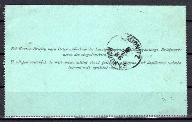 Zálepka Doppeladler 3 kr. pro místní styk DR PRAHA POŘÍČ 6. 7. 1886, příchozí Roudnice 6. 7. 1886, vzácné použití pro meziměstský styk bez doplatného