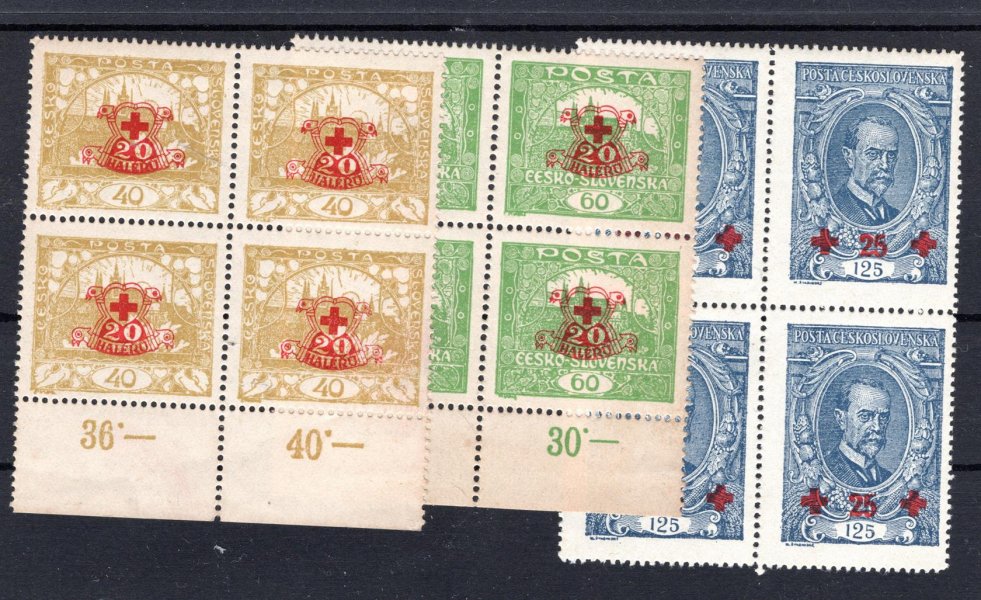 170 - 172 ; série červeného kříže ve 4 - bloku 2 x krajový 4- blok s počítadly + 125 h Masaryk 