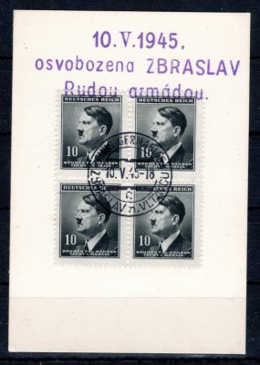 Kartička s vylepeným 4 - blokem  10 halířů   A.H. , razítko FINIS GERMANIAE / Zbraslav nad Vltavou 10.V.45 